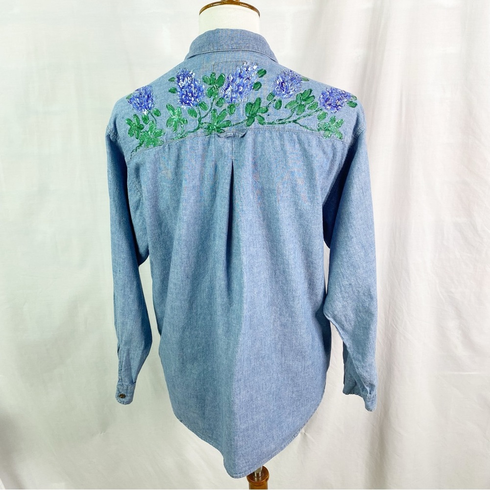Vintage Bluebonnet Handpainted Denim Long Sleeve Button Up Shirt Med - Picture 5 of 7